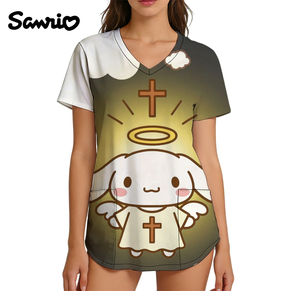 

V Neck Cute Tops Nurse Uniform Kawaii Sanrio Cinnamoroll Streetwear Clothing 2026 Women's T-shirt New Arrivals Women Summer Top