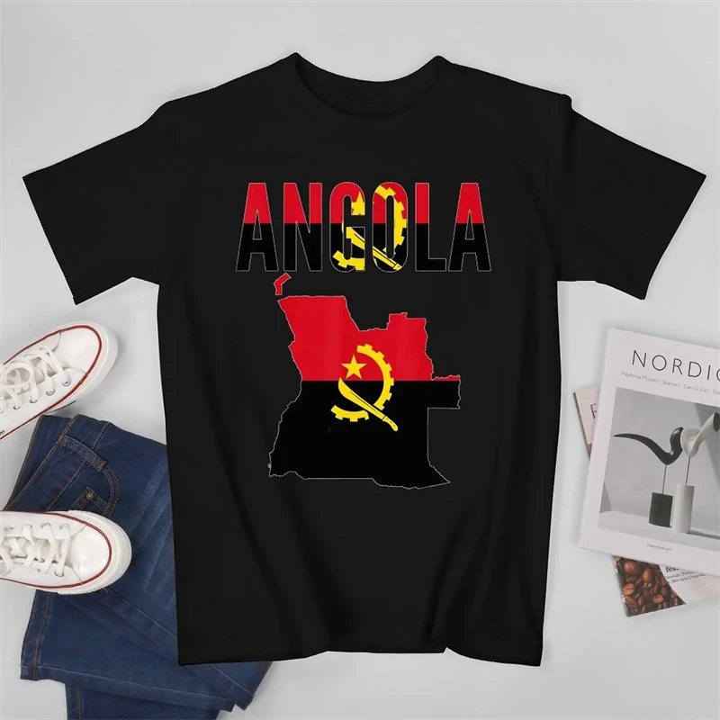 Summer New Africa National Flag Angola Graphic Print O Neck Short-sleeved Daily Casual Oversized Fashion Men\'s Street Tee Shirts