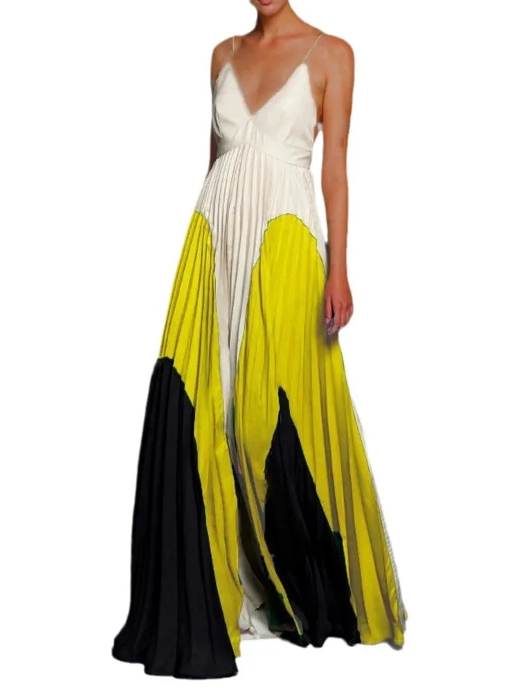 Summer New Color Matching Spaghetti Strap Dresses Women Sexy V-neck Backless Folds A-line Long Dress Temperament Ladies Vestidos