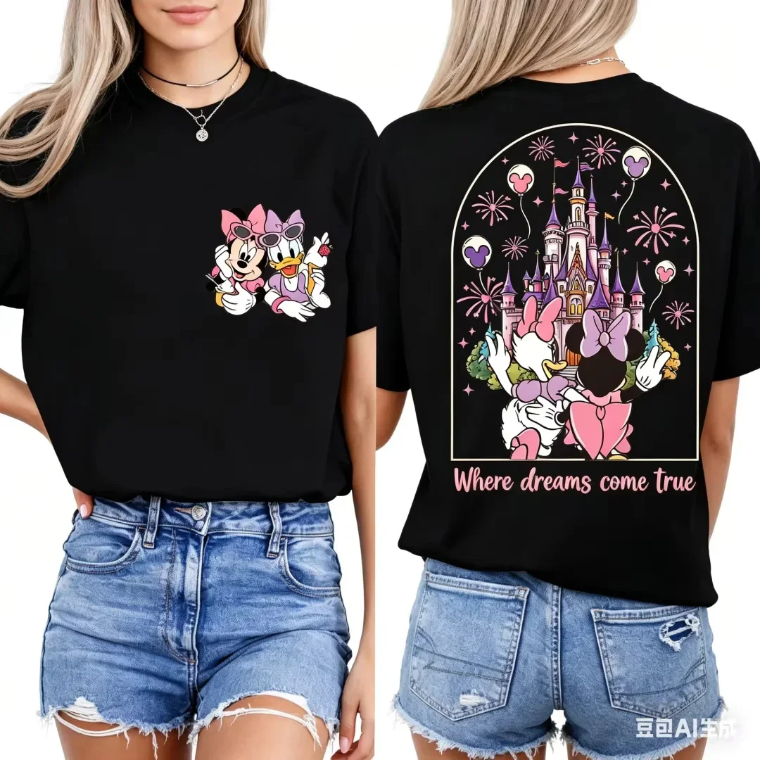 Summer 2026 Loose plus Size T-shirt Men's And Women's Short Sleeved Casual Print with Minnie And Daisy Cartoon Pattern