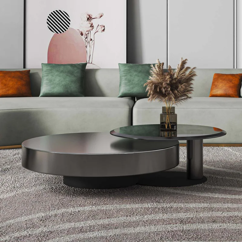Stainless steel round coffee table simple small apartment tempered glass