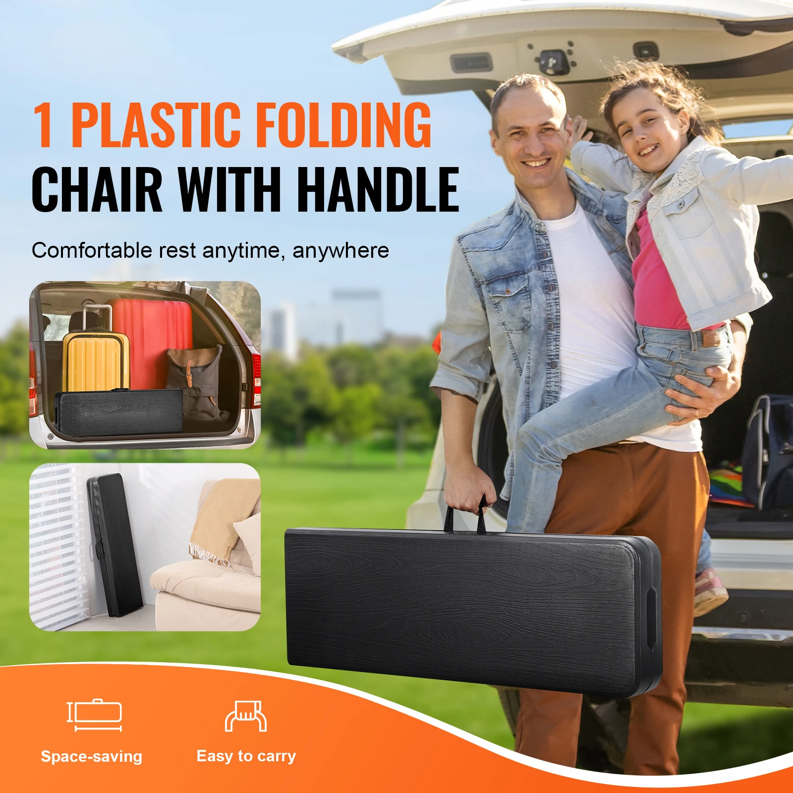 مقعد SucceBuy بلاستيكي قابل للطي بطول 6 أقدام قابل للطي مع مقبض حمل للأنشطة الترفيهية في الحديقة وكرة القدم باللون الأسود