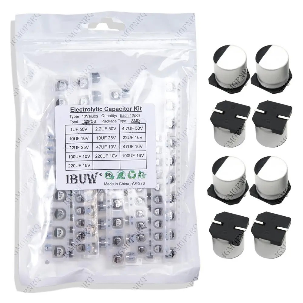 130PCS/LOT 1uF-220uF SMD Aluminum Electrolytic Capacitor Assorted Kit Set, 13values*10pcs=130pcs Samples Kit