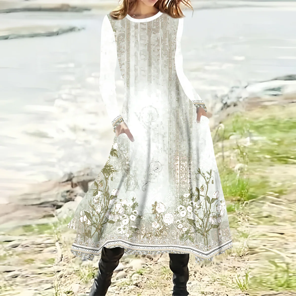 Plus Size Woman Printed Long Sleeve Dress Fashionable Women Party Dress Plus Size Women Clothing Vestidos Femininos