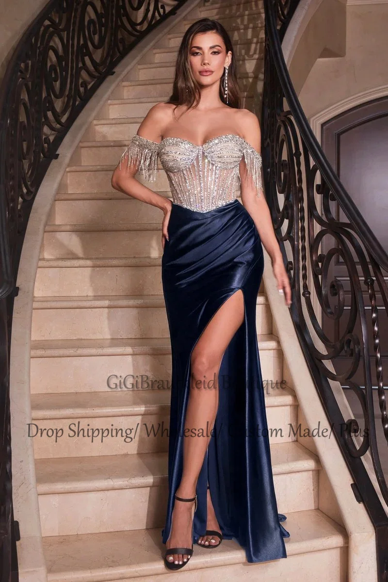 GiGiBraut Fancy Satin Prom Dress For Women Mermaid Pleated Slit Crystals Evening Gowns Vestido De Formatura Party Customised