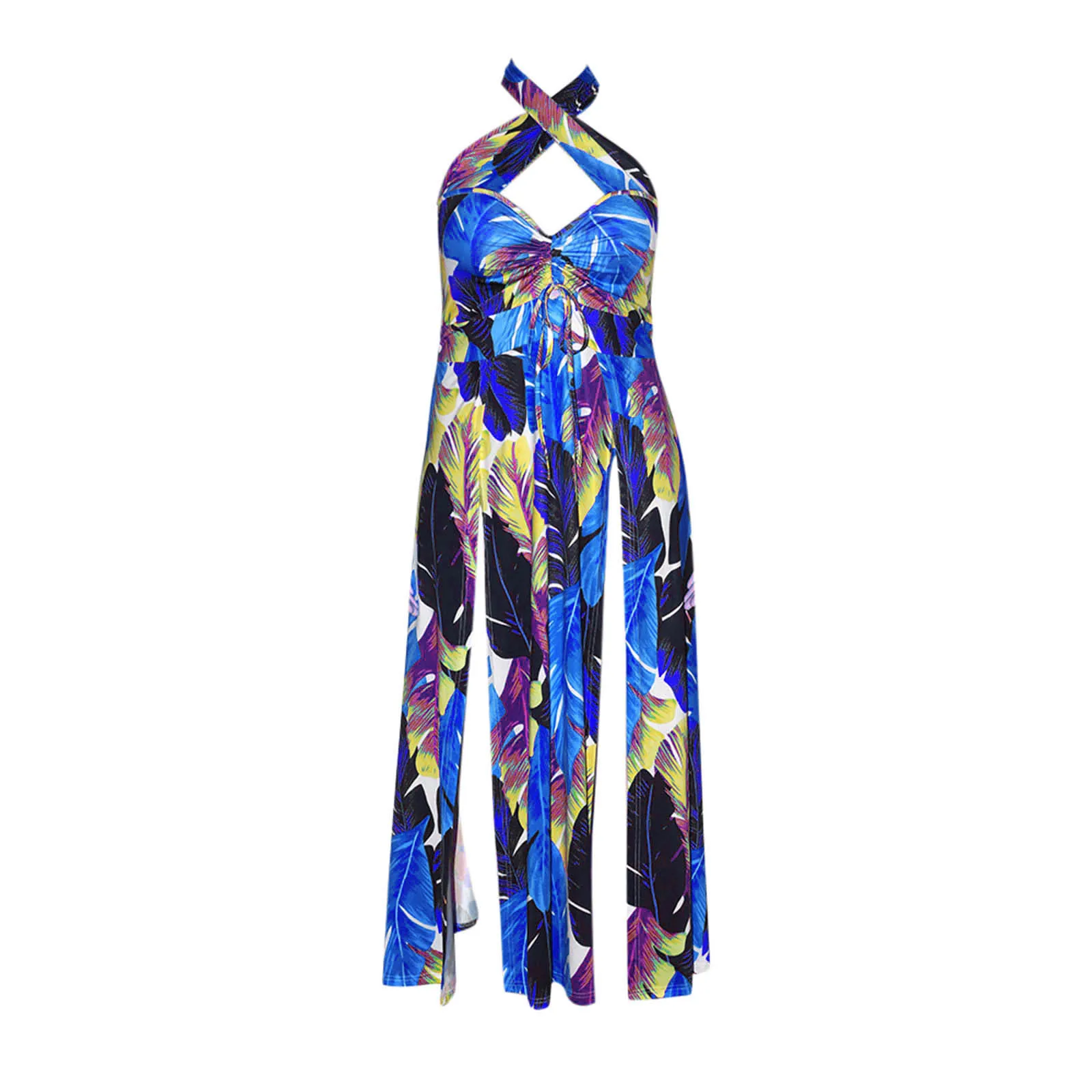 Boho Colorful Feather Print Halter Long Dress Women Summer Sexy Sleevelss Backless Holiday Dresses Plus Size High Slit Vestidos