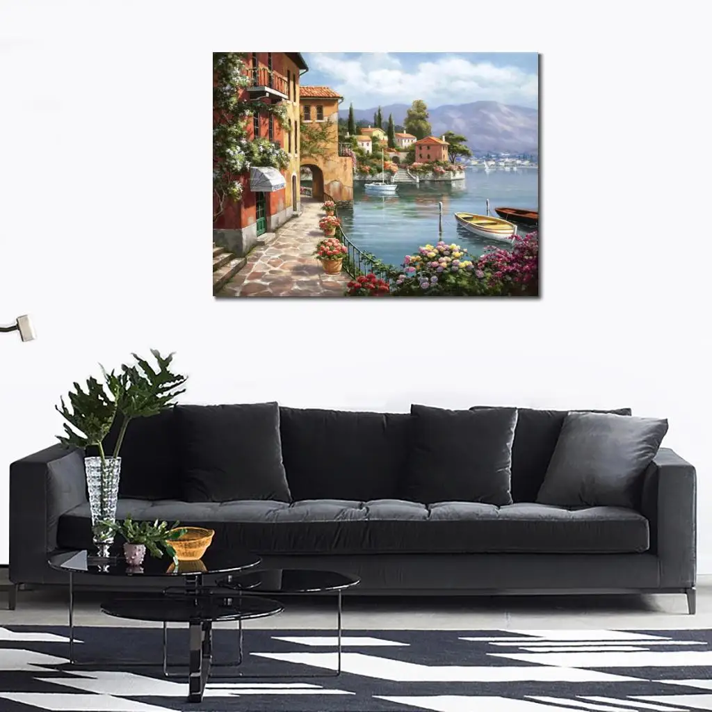 Imagem -04 - Lakeside Village Canvas Wall Art Pintura a Óleo Contemporânea Moderna Belas Paisagens Mediterrânicas Decoração da Sala