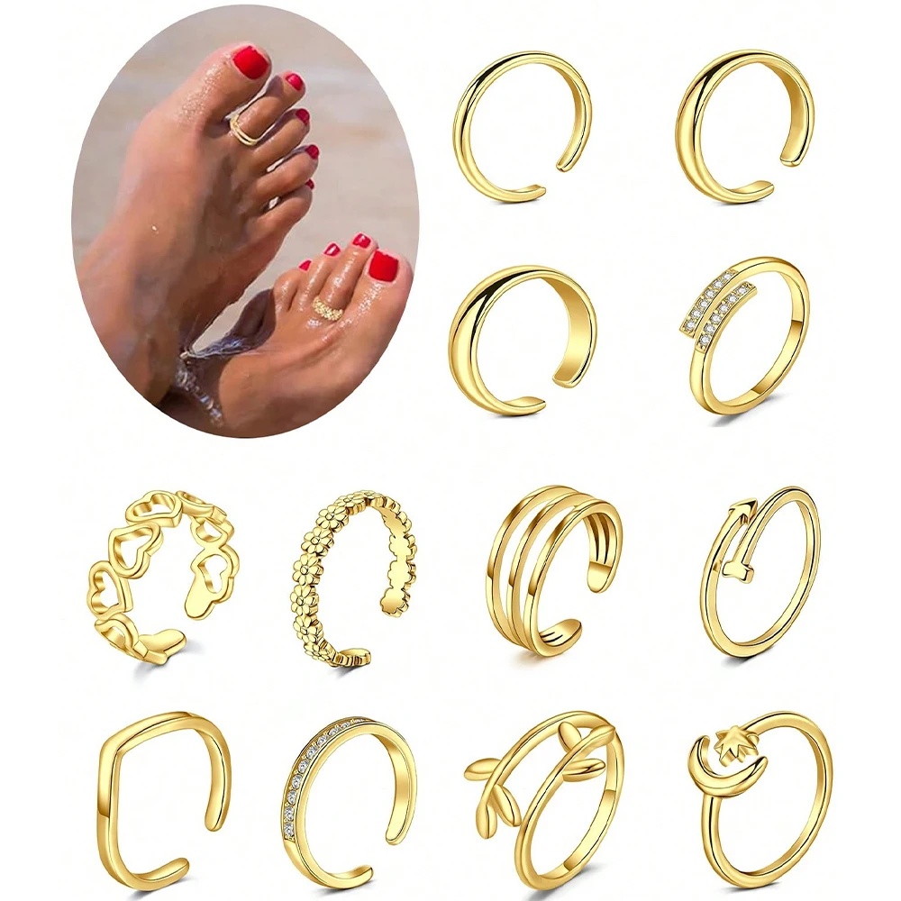 Anillos ajustables para los dedos de los pies para mujer, joyería de verano para la playa con circonitas cúbicas en forma de corazón, juego de anillos ajustables para los dedos de los pies.