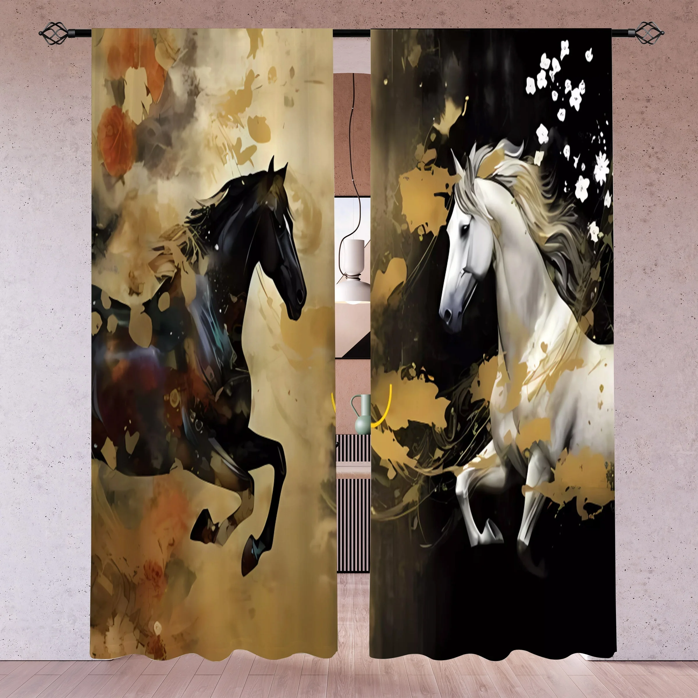 Abstract Horse Art Curtains Gold Black Drapes Modern Luxury Window Curtains Elegant Boho Living Room Bedroom Home Decor