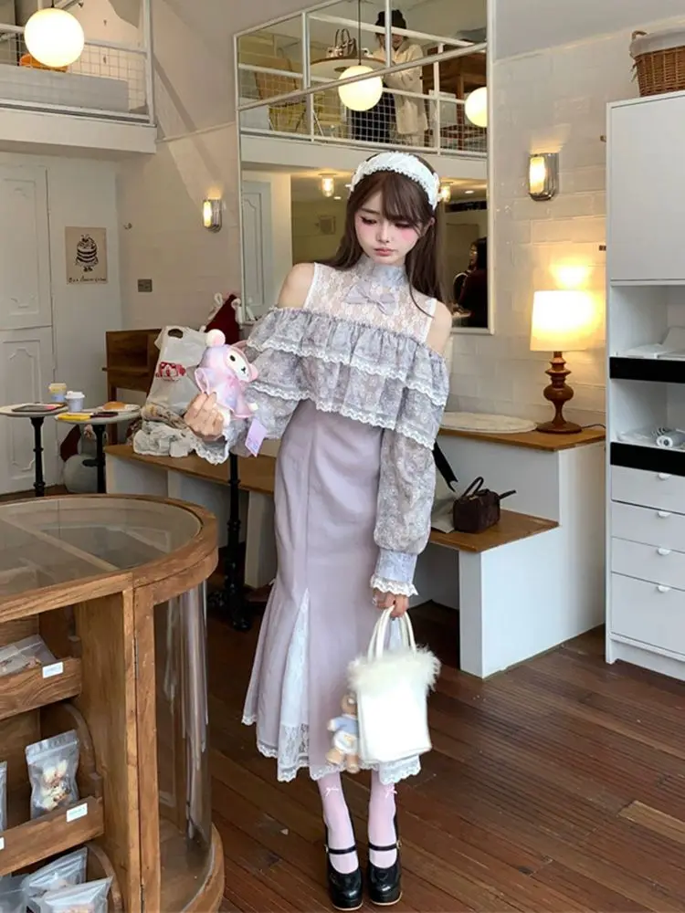 

Gentle Light Purple Lace Patchwork Long Dress Bow Slim-Fit Graceful Sleeve