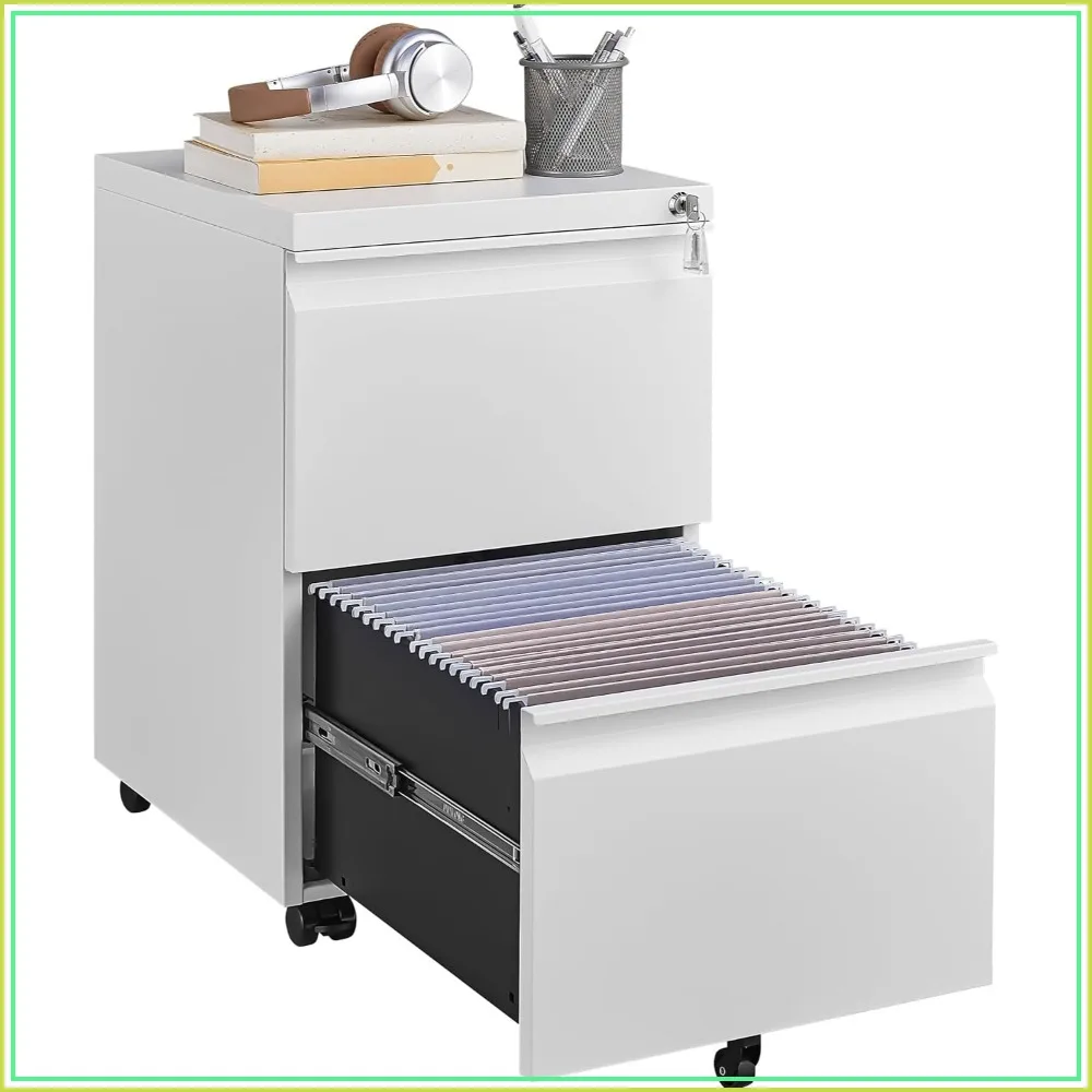 2 Drawer Metal File Cabinet, Assembled Locking Cabinet with Wheels, Steel, A4 Letter Legal, White