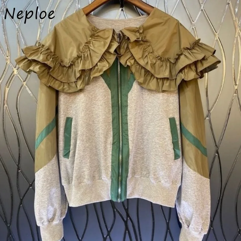 Neploe 2024 Autumn New Lapel Neck Ruffles Jackets American Fashion Zipper Tops Women Y2k Long Sleeve Street Coat Women