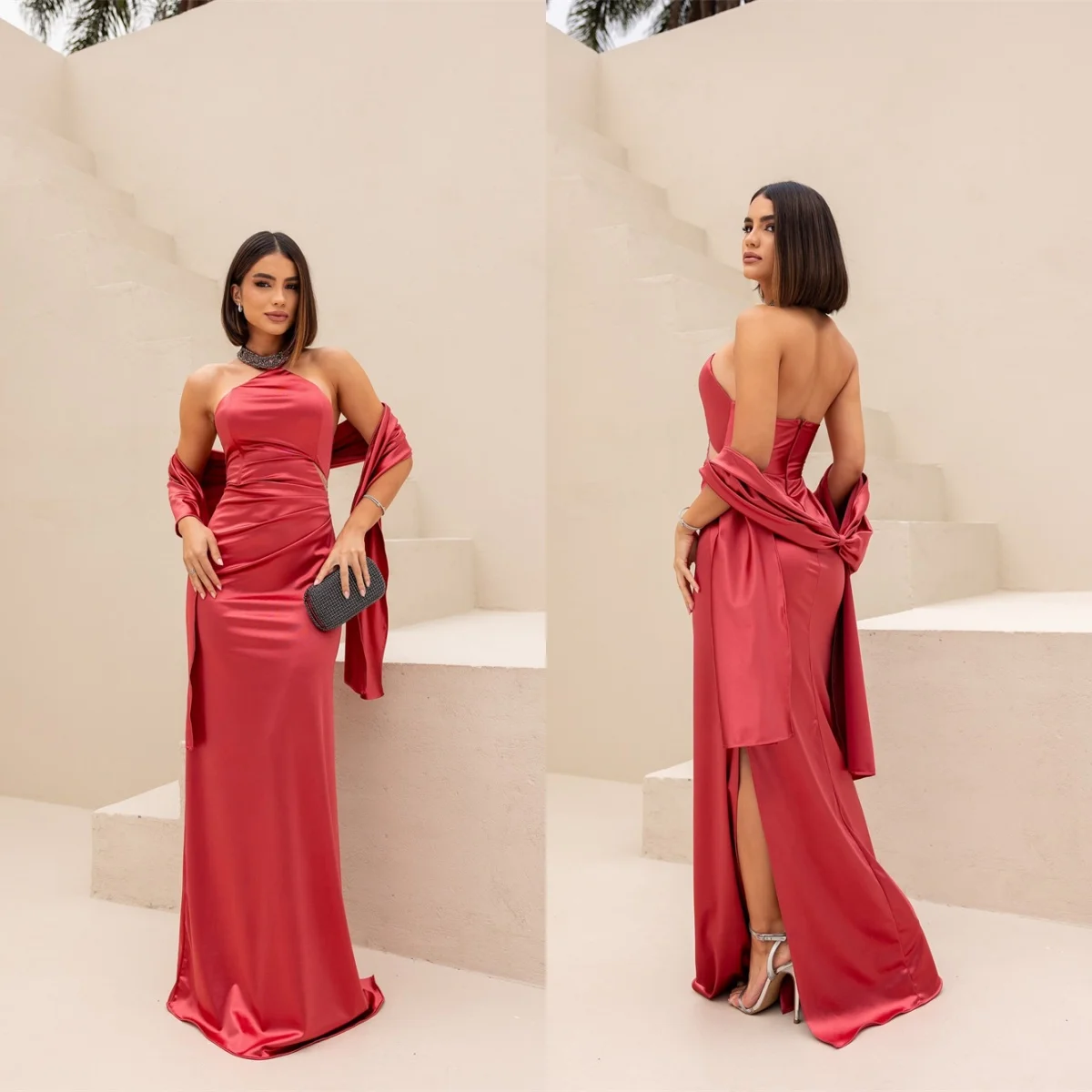 

Customized Temperament Red Satin Evening Dress High Quality Strapless Sleeveless Backless Open Back Mermaid Homecoming Dresses