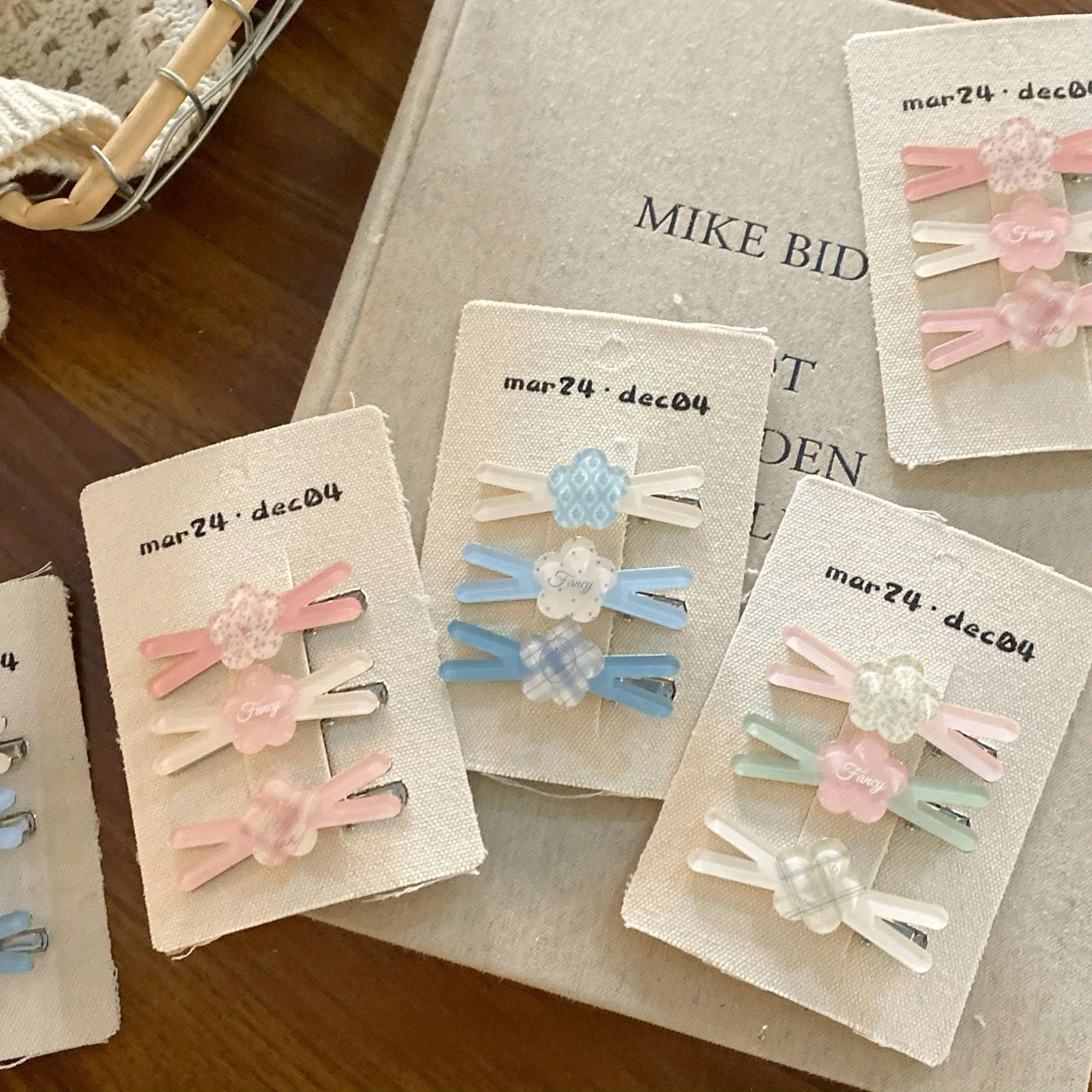 Minimalist Blue Pink Flower Hair Clip - Acrylic Cross Design