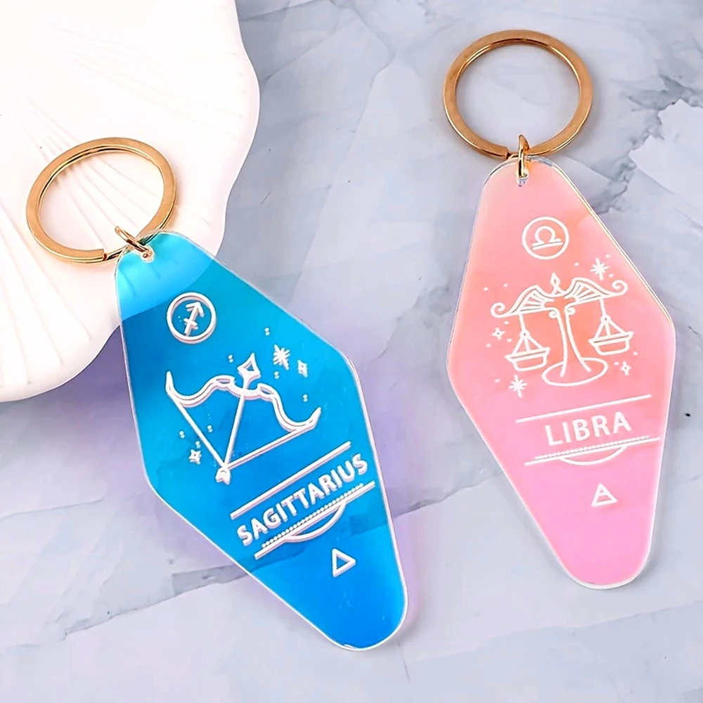 Changing Color Twelve Zodiac Signs Acrylic Hotel Gift KeyChain Keyring Tag Key Chains Hotel Office Fans Accessory Custom Logo