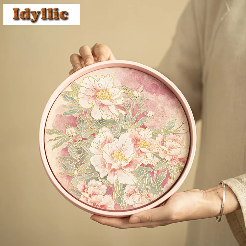 

Embossed Gold-stamped Peony Tea Tray Cake Rack Coffee Storage Board Teapot Stove Insulation Dishes For Serving Chinese Tea Set