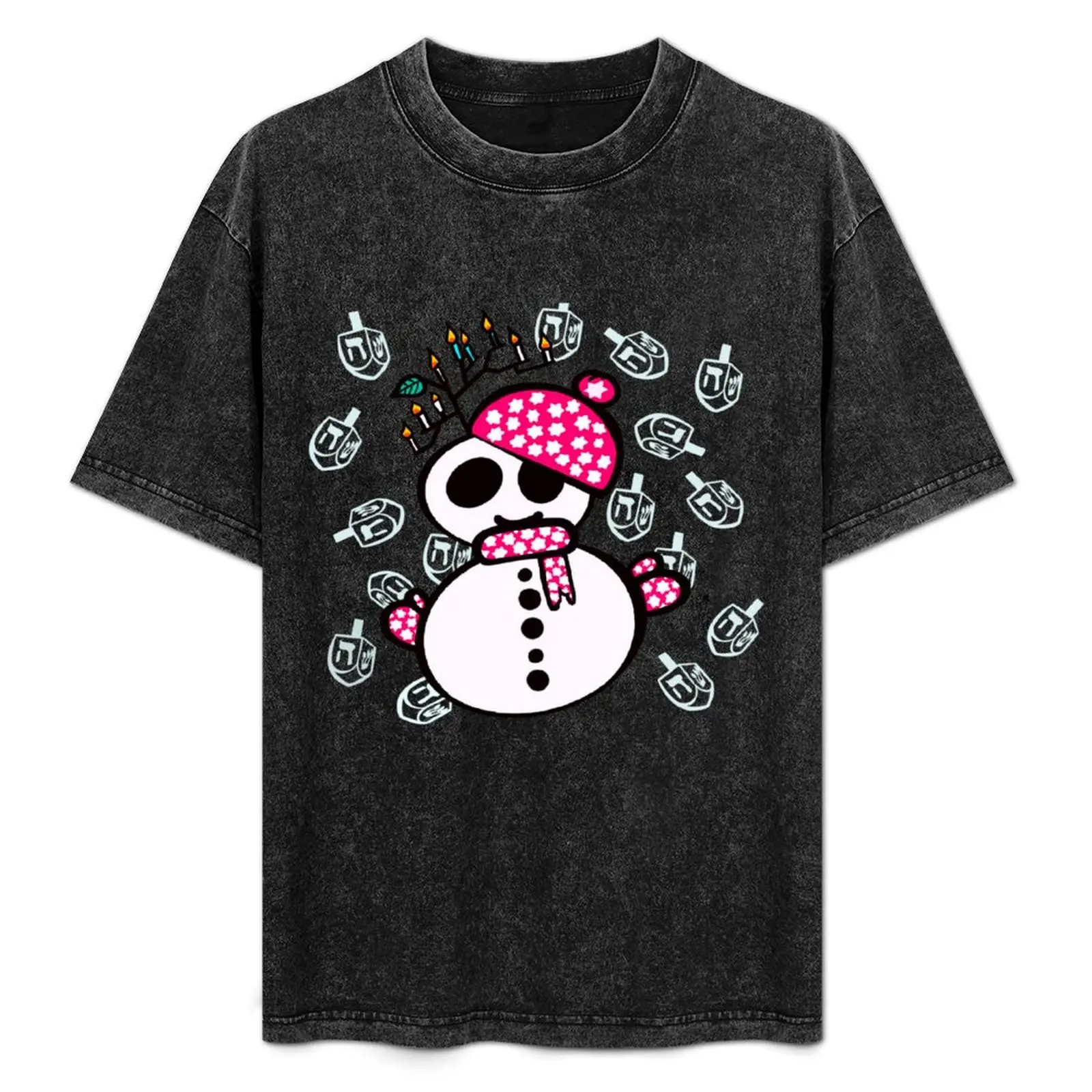 

Hanukkah snowman with hanukkiah and dreidels T-Shirt Work Short Sleeve Cotton Top
