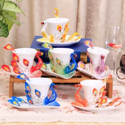 

200ml Peacock Enamel Porcelain Coffee Set Ceramic Tea Milk Cups and Saucers With Spoons China Bone Drinkware Gift