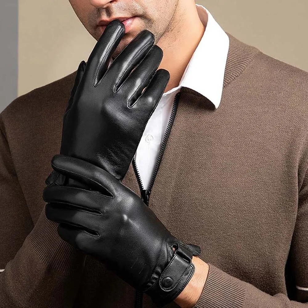 1pair Gift Soft PU Anti-cold Gloves Touch Screen Solid Color Men Finger Mittens Adjustable Warmer Black Thickened Gloves Autumn