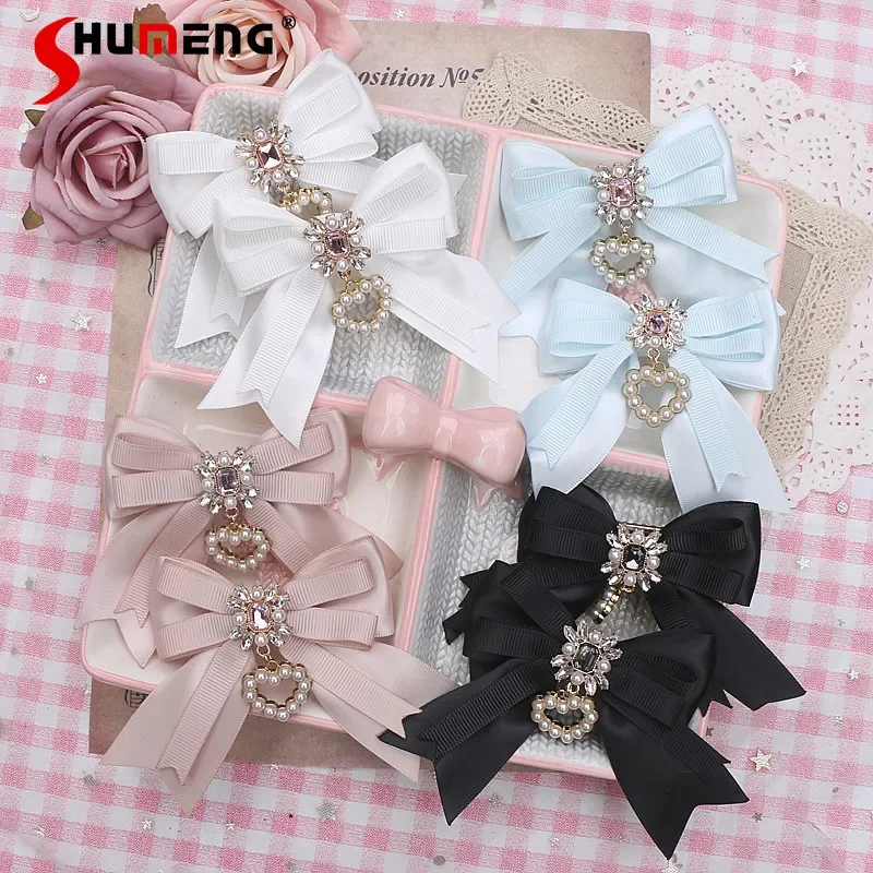 Japanese Sweet Rhinestone Love Hairclips Female Hand-Made Kawaii Ladies Pearl Pendant Barrettes for Women Cute Edge Clip A Pair