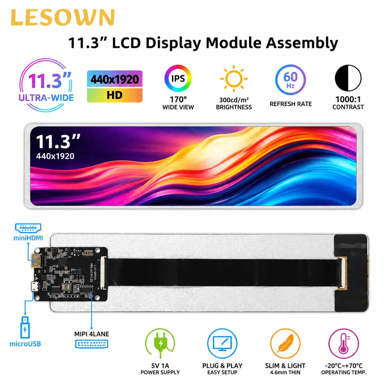 LESOWN 11.3" 440x1920 Ultra-Wide Bar Display Module Instant-On Visual Matrix with MiniHDTV for PC Chassis