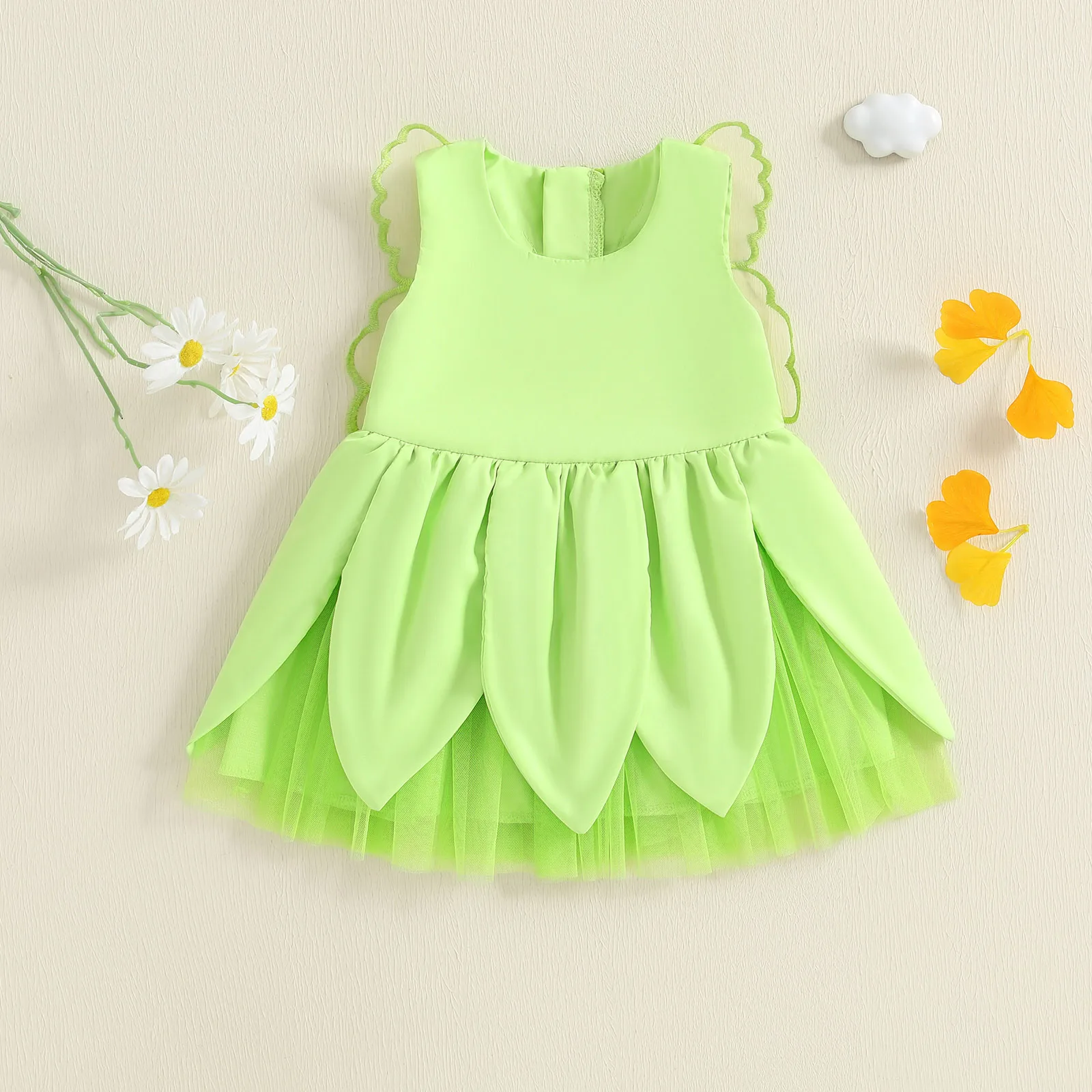 VISgogo 1-4 Years Toddler Girl Princess Dress Mesh Butterfly Wing Solid Zipper Closure Crew Neck Sleeveless A Line Dress