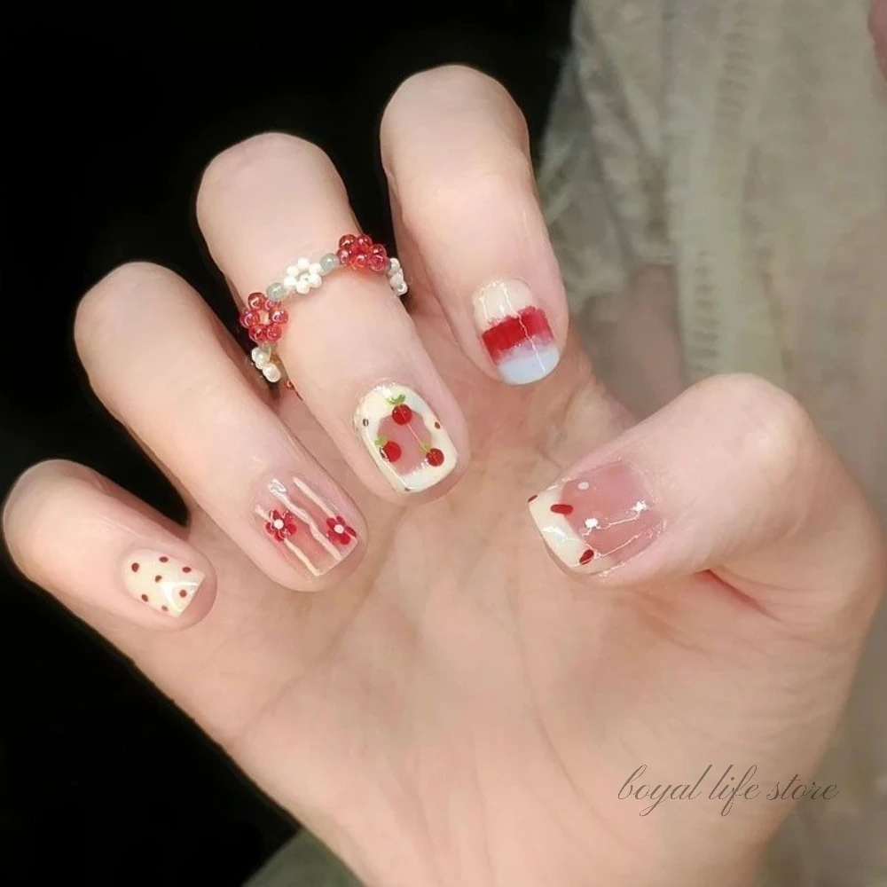 

10pcs Berry Cream Cake Cat Eye Fake nails Nail tips Press on nails Soft gel Short nail False nails andmade