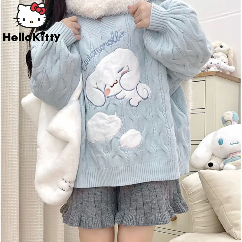Sanrio Cinnamoroll Kawaii Top Women\'s Sweater Mardi Print Knit Women Sweater V-neck Women\'s Clothing Loose College Cute Sweet