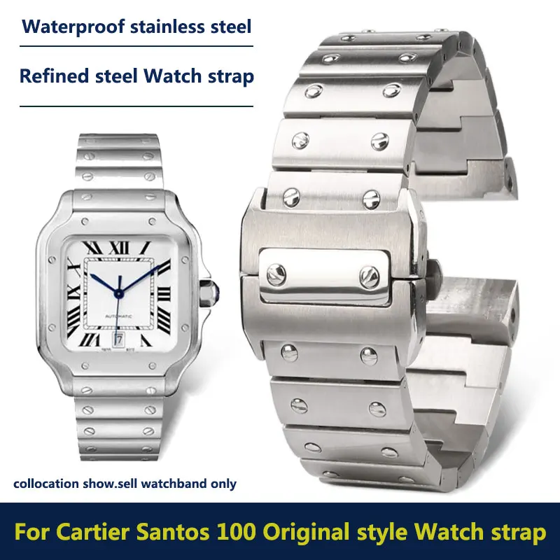 Para Cartier Santos 100 estilo Original correa de reloj de acero refinado 20 23mm hombres de acero inoxidable plata oro hebilla plegable correa de reloj