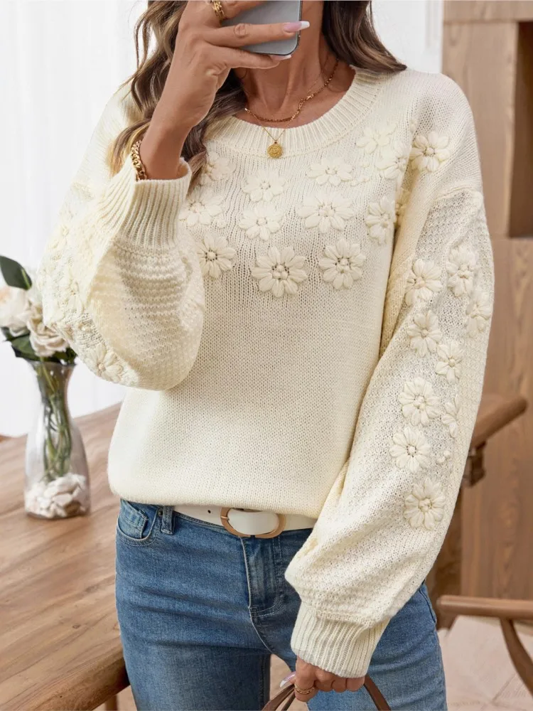 

Autumn And Winter New Embroidered Three-dimensional Flower Pullover Round Neck Loose Knitted Sweater Women's Long-sleeved Top