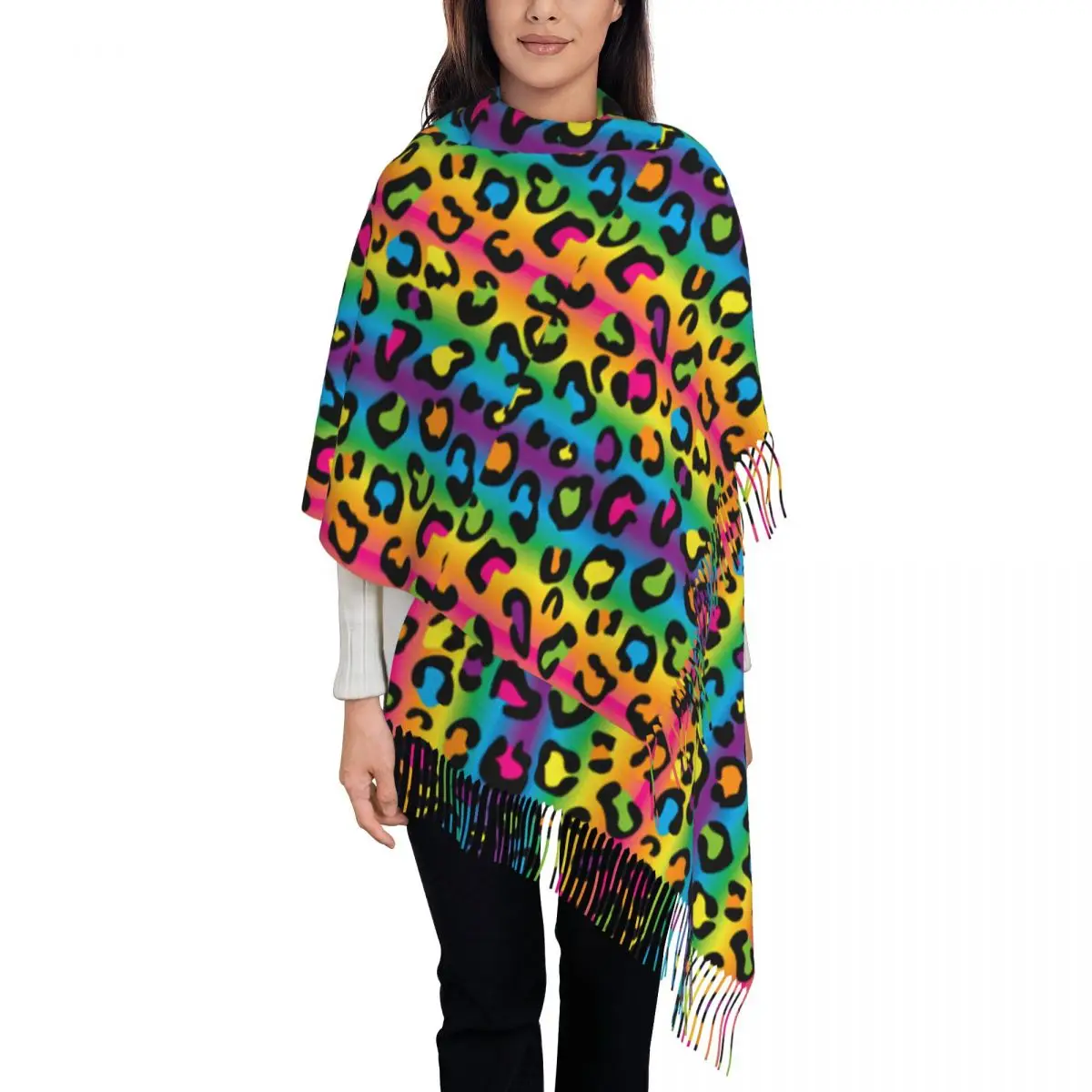 Womens Tassel Scarf Rainbow Leopard Long Soft Warm Shawl and Wrap Lgbt Pride Gifts Cashmere Scarf