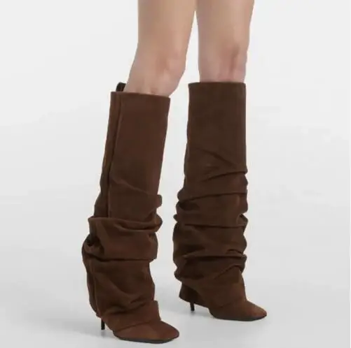 

Autumn Women Brown Black Suede Leather Square Toe Pleated Stiletto Knee High Pants Boots Patchwork High Heel Tube Slip On Boots