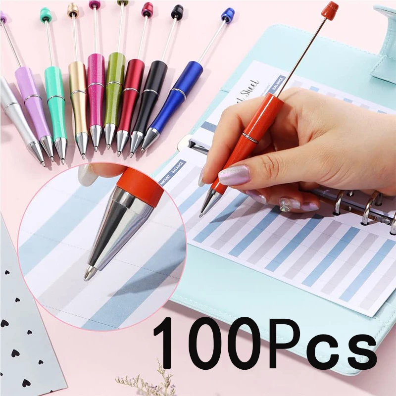 

100Pcs Beadable Pens Plastic Black Ink Ballpoint Pen Beads for Office School DIY