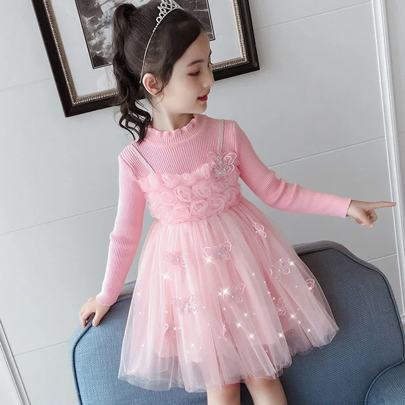 

Autumn Flower Party Dresses For Teen Girl Butterfly Dress Elegant Children's Korean Princess Plush Frocks Little Girls Clothing