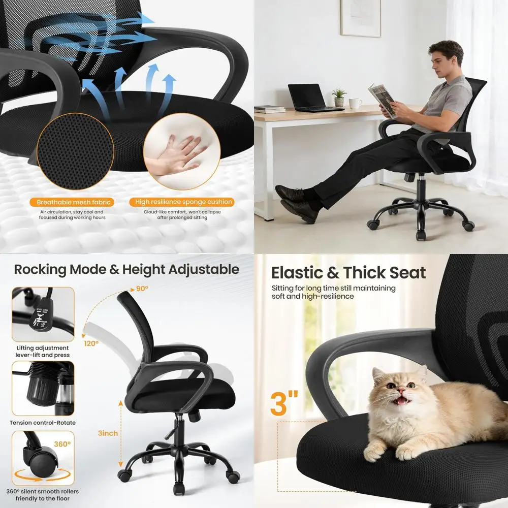 Ergonomic Lumbar Support Desk Chair, Rocking, Adjustable Height, Fixed Armrest, Suitable for Home, Office, Computer, Gaming, Con