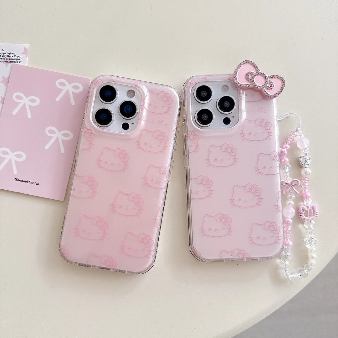 

Pink Hello Kitty Bowknot kitten Wrist strap Chain Phone Case For iPhone 16 15 14 Pro Max 16Pro Cartoon Protection Cover