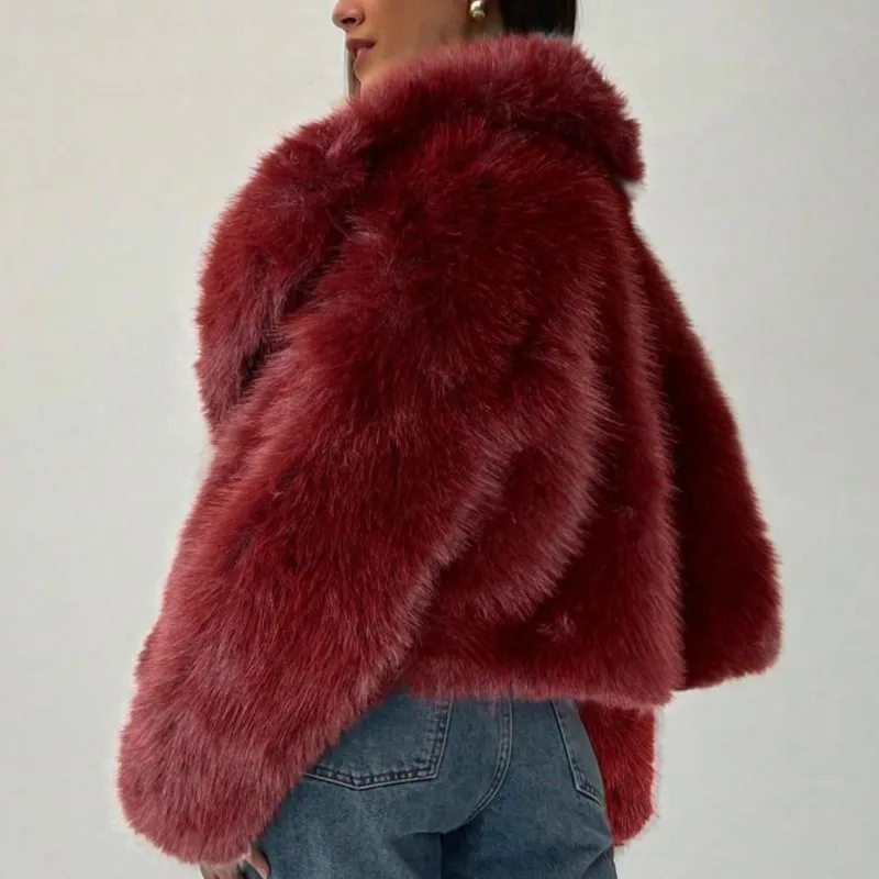 2025 Winter Womens Short Faux Fur Coat Fashionable Oversized Lapel Long Sleeve Warm Jacket Faux Fur Solid Color Tops