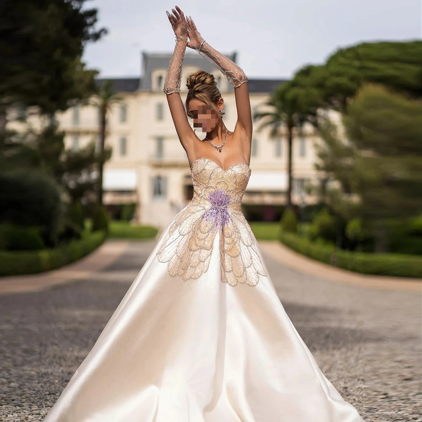 

Шарон Саид Роскошные бежевые вечерние платья с бабочкой и бисером для свадьбы Элегантные атласные платья для выпускного вечера в форме сердца SS467 по индивидуальному заказу