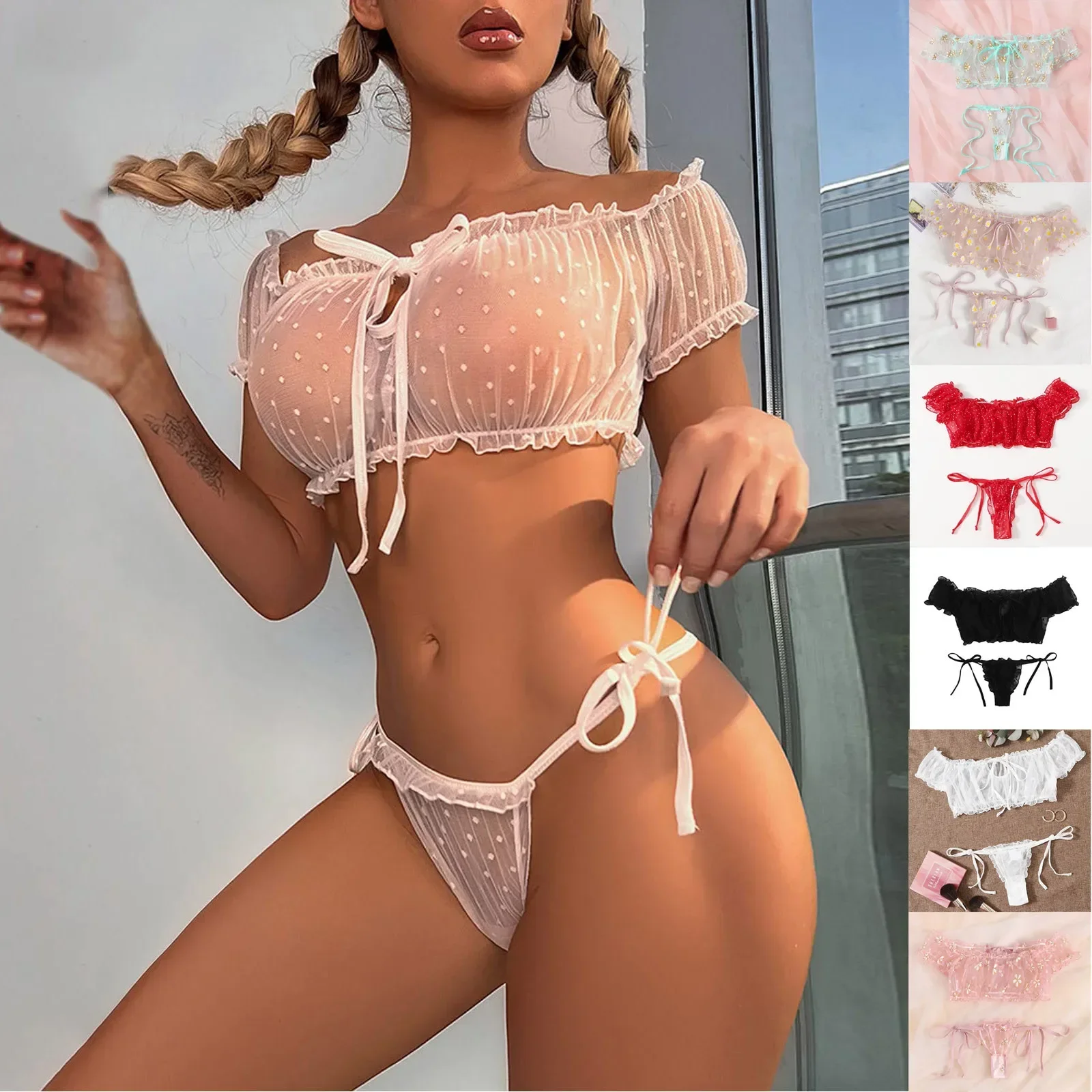 Сексуальный прозрачный женский комплект нижнего белья с открытыми плечевыми ремнями на груди, комплект нижнего белья с волнистыми точками, забавные новые комплекты в тон, сексуальный комплект для взрослых женщин