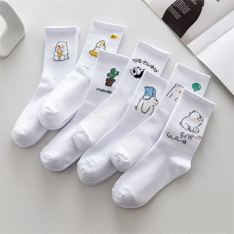 Ins New Autumn Cartoon Bear Panda Rabbit Cactus White Sports Women Soft Cotton Cute Winter Socks Kawaii Hipster Street Graffiti