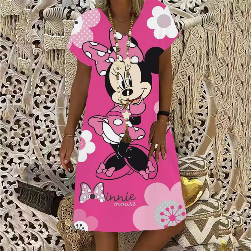 Disney Minnie Mouse Summer 3D Print Cartoon Dresses For Women 2024 V-Neck Casual Women's Beach Dress Cute Sexy Loose Beach