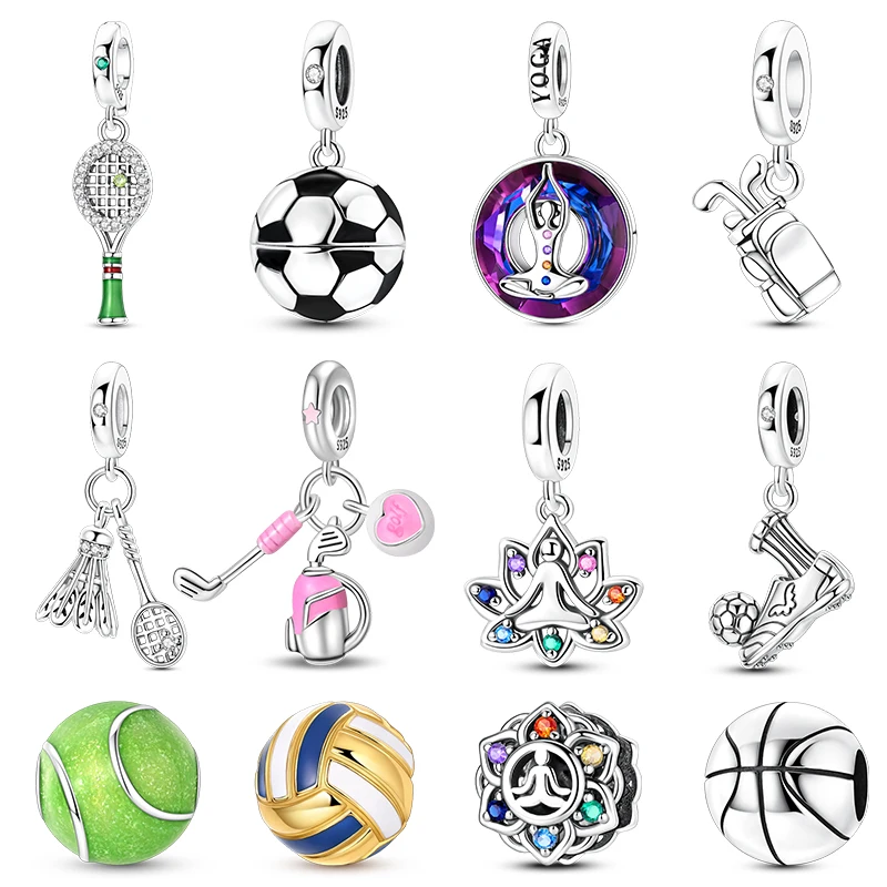 925 Sterling Silver Sports Charms Bead CZ Zircon Tennis Racket Soccer Yoga Dangle Fit Original Bracelet DIY Women Jewelry Gift