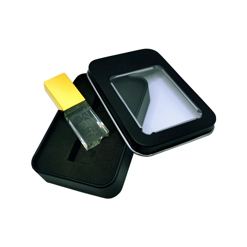 محرك أقراص فلاش USB كريستال معدني مع صندوق شفاف معدني أسود ، شعار مخصص ، 4GB ، 8GB ، 16GB ، 32GB ، 64GB ، شحن مجاني