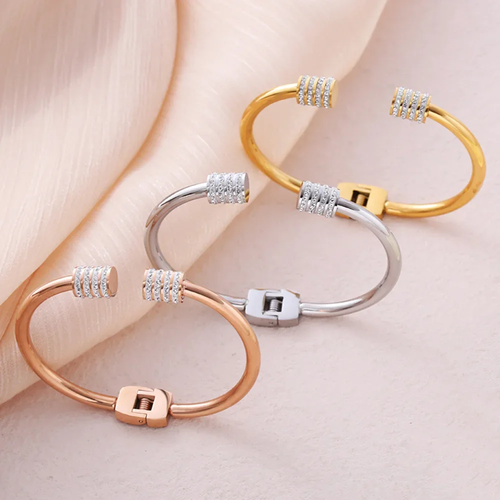 

Classic Stainless Steel Open Cuff Bracelet Circular Zircon Bangle For Women Female Jewelry Birthday Gifts Fashion Accessories