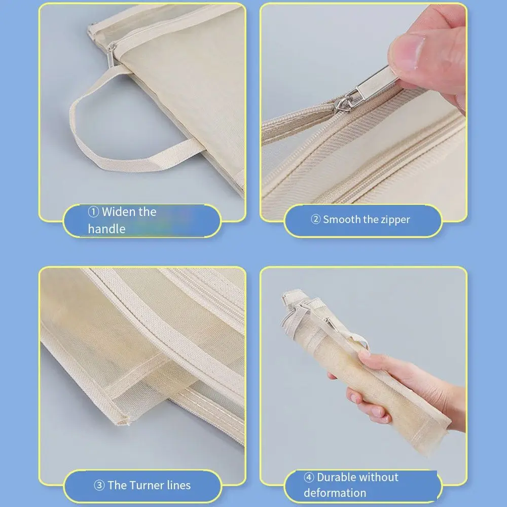 A4 Mesh Zipper Pouch Subject Transparent ID Card Storage Handbag Double-Layers Thicken Test Paper Files Bag Stationery