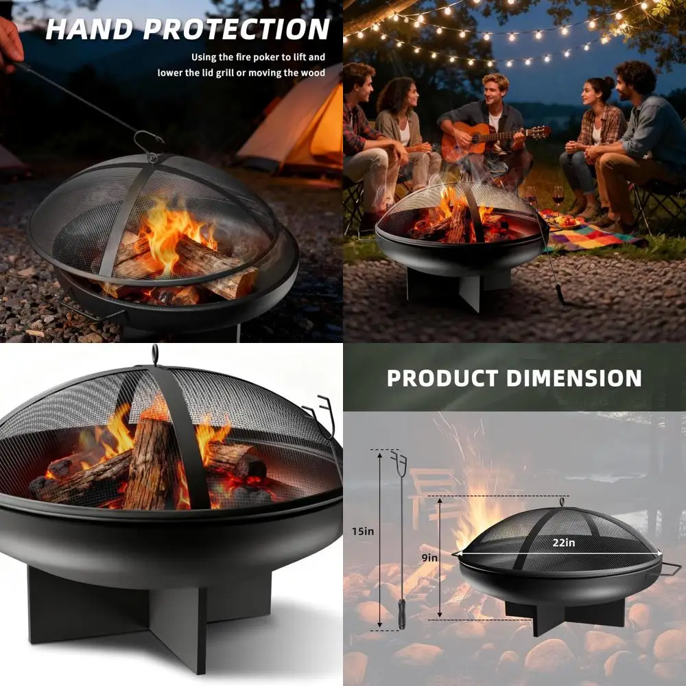 

24-дюймовая уличная стальная чаша для костра с искровым экраном, решеткой для бревен и покером для патио и заднего двора