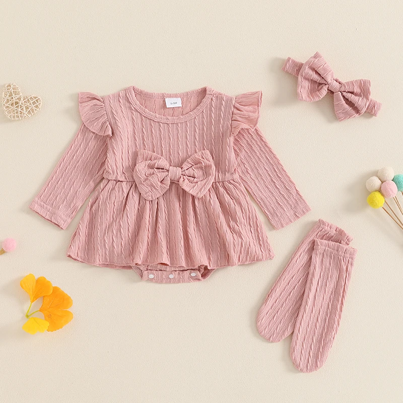 

3-Piece Baby Girls Ribbed Set Ruffled Trim Long Sleeve Romper Bow Headband Stockings Adorable Outfits