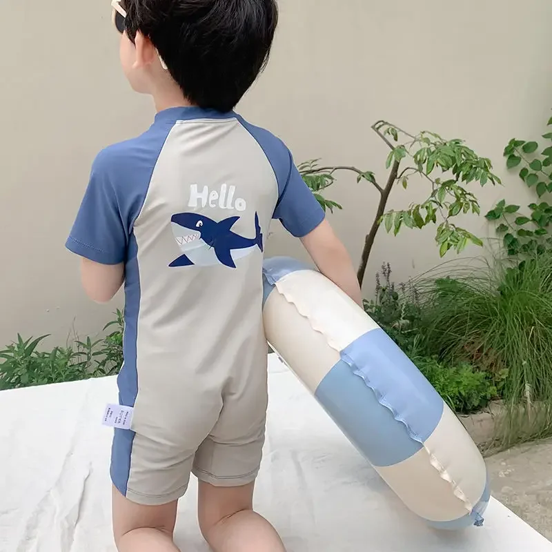 

1-9 Years One-piece Short Sleeved Swimsuit Boys Summer Cute Shark Sun Protection Children's Seaside Vacation Set Baby Swimwear