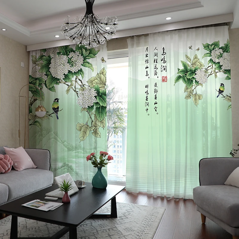 Chinese Style Ink Painting Flowers Landscape Sheer Curtains for Living Room Modern Bedroom Curtain Window Drapes 2panels