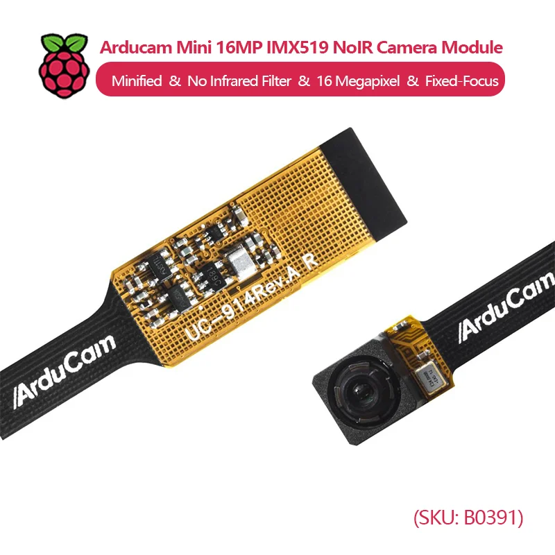Módulo de cámara Arducam Mini 16MP IMX519 NoIR, 16 megapíxeles, compatible con las series Raspberry Pi 5 y Zero